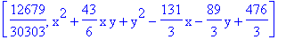 [12679/30303, x^2+43/6*x*y+y^2-131/3*x-89/3*y+476/3]
